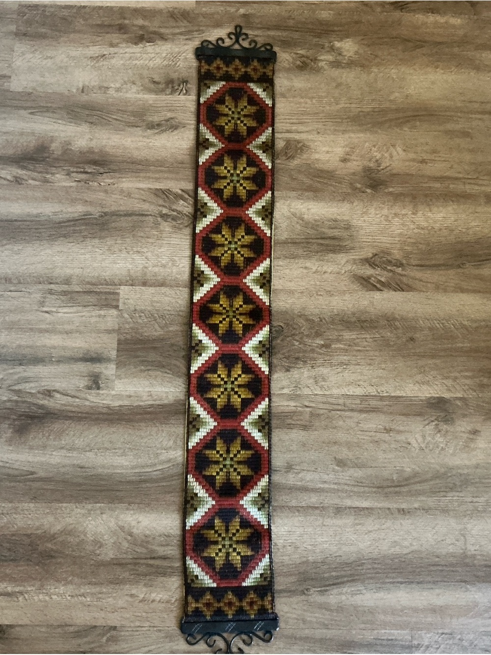 Vintage Bell Pull Tapestry Scandinavian Needlepoint Floral Wall Hanging Folk Art